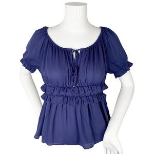 Anthropologie HD in Paris Navy Ruffle Peasant Puff Sleeve Blouse Top Size 2